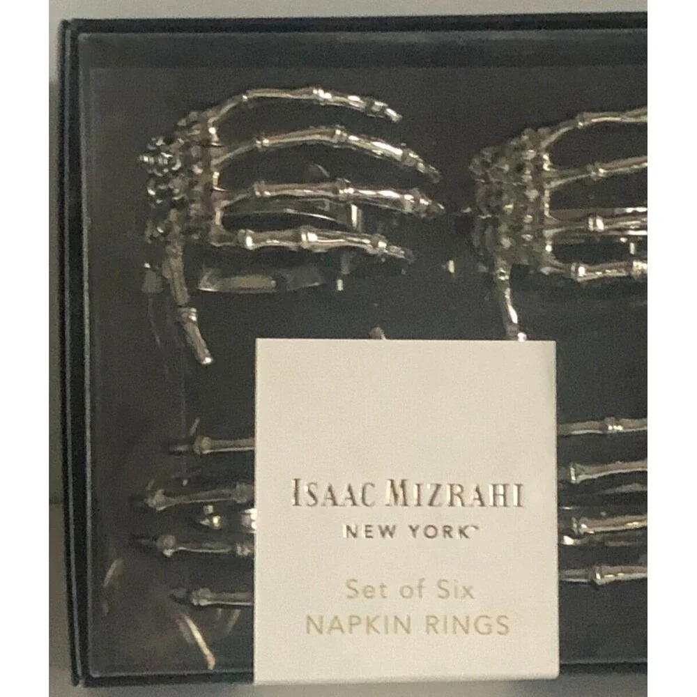 Halloween Set of 6 Skeleton Hand Hands Silver Napkin Rings Metal Isaac Mizrahi